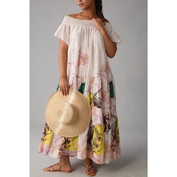 Anthropologie Maeve Pia Binazzi Tiered Off the Shoulder Pink Maxi Dress, Small - Picture 4 of 15